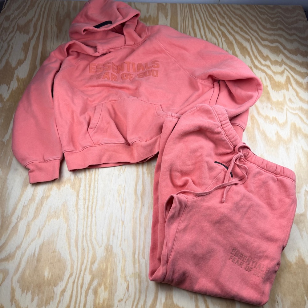 Essentials Fear of God Coral Pink Hoodie and Sweatpants Tracksuit Set Small